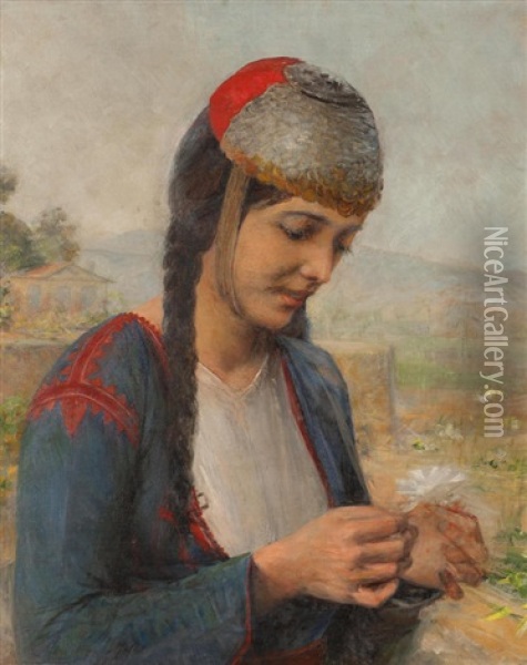 Girl With Daisy Oil Painting - Georgios Jakobides