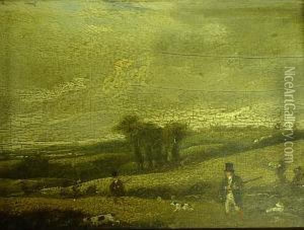 Huntsmen And Dogs Flushing Gamebirds Before A Landscape Oil Painting - Samuel Jun Alken