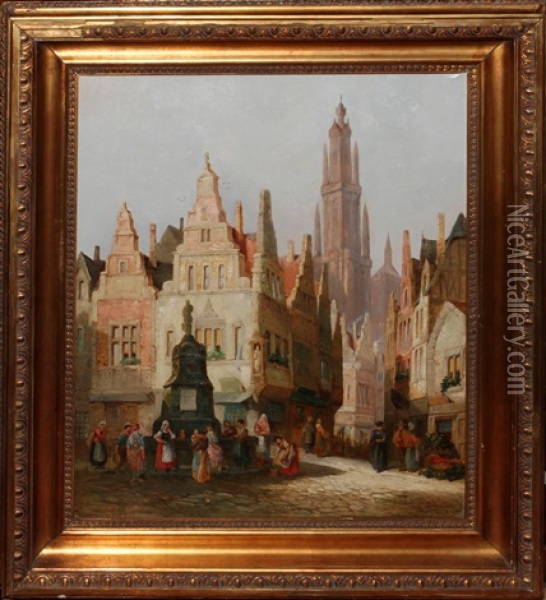 Village Setting With Figures Oil Painting - Henri Schaefer