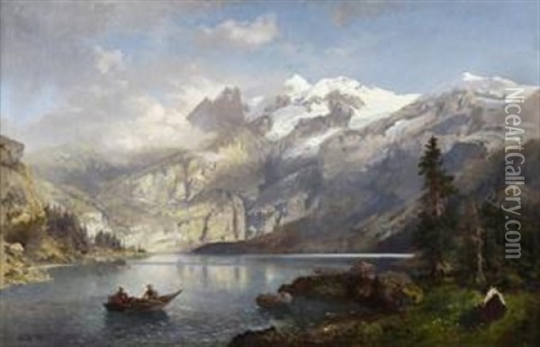 Figures Rowing A Boat With Distant Snow-capped Mountains Oil Painting - Lev Felixovich Lagorio