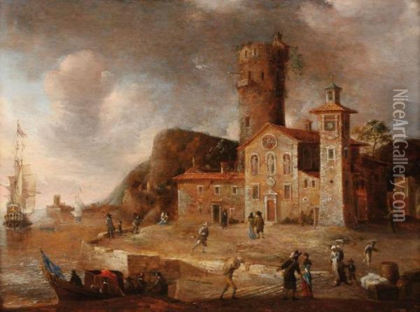 An Italian Harbourwith Tradesmen
 And A Dutch Merchant Man In Full Sail. At The Righta Trading House And 
The Tower Of A Castle Oil Painting - Thomas Wyck
