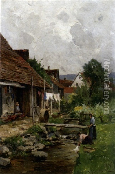 Zwei Wascherinnen Am Dorfrand Oil Painting - Vitus Staudacher