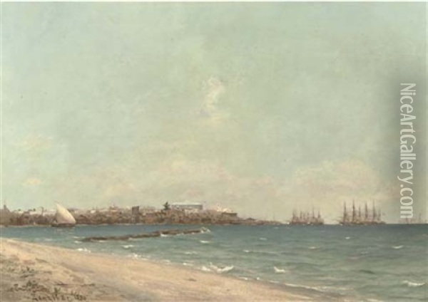 Zanzibar - On The Beach With Stone Town In The Distance Oil Painting - Erwin Carl Wilhelm Guenther
