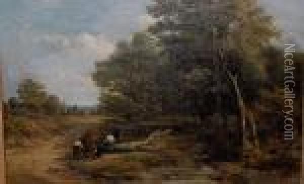 Figures Chopping Wood Beside A Stream Oil Painting - Thomas Creswick