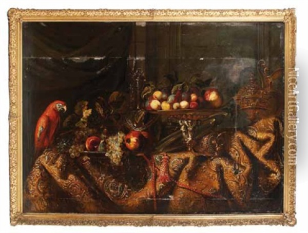 Nature Morte Aux Pieces D'orfevrerie, Fruits Et Perroquet Oil Painting - Nicolas de Largilliere