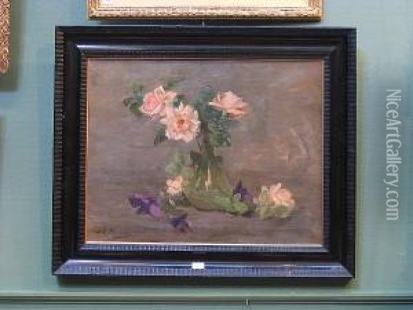 Pink Roses In A Glass Vase Oil Painting - Louise Ellen Perman