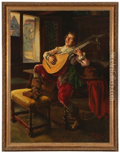 Seated Man Playing Guitar Oil Painting - Jan Skramlik