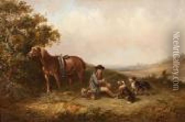 The Lunch Time Break, Farm Worker With Horse And Dogs Resting In A Landscape Oil Painting - Thomas Smythe