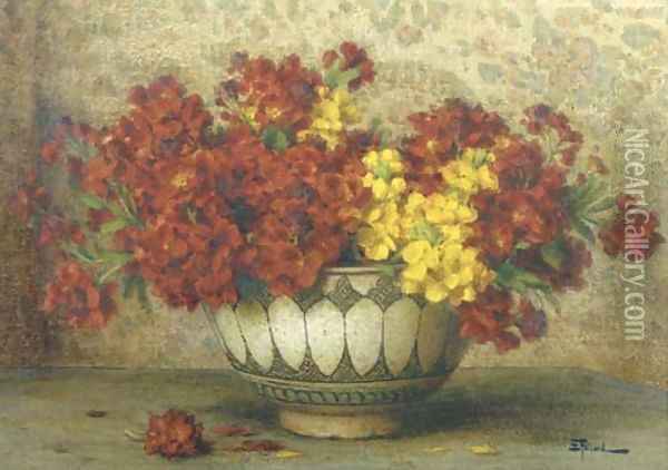 Red and yellow flowers in a bowl Oil Painting - Ernest Filliard