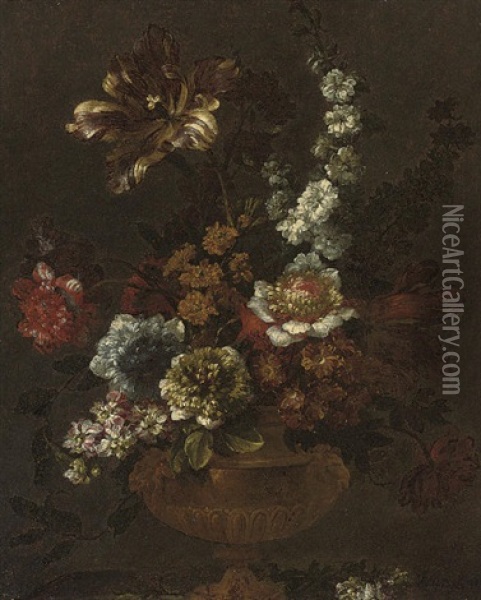 A Parrot Tulip, Chrysanthemums, Stock, Primula, And Other Flowers In A Sculpted Urn On A Ledge Oil Painting - Jean-Baptiste Monnoyer