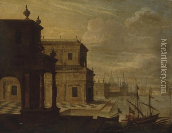 An Architectural Capriccio Of A Mediterranean Harbour Oil Painting - Jacob Ferdinand Saeys