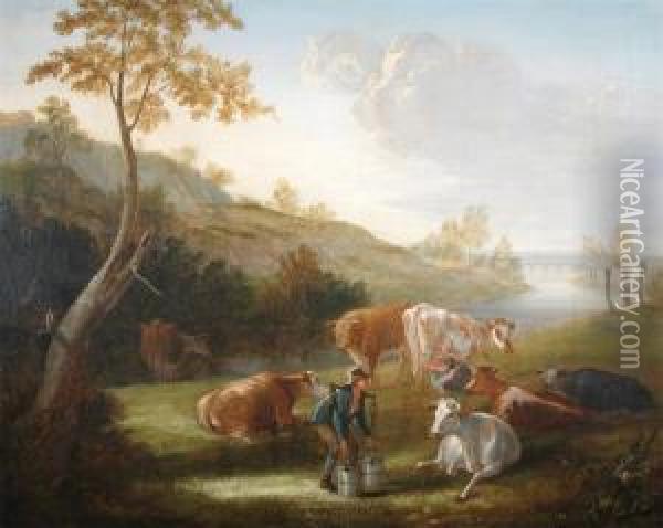 A Couple Milking Cows In A River Landscape Oil Painting - Edmund Bristow