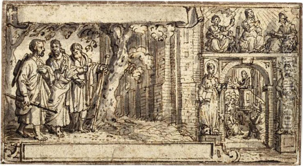 Design For A Book Illustration: On The Left, Christ And The Disciples On The Road To Emmaus, To The Right The Three Cardinal Virtues: Faith, Hope And Charity Oil Painting - Pieterde Jonghe Ii De Jode