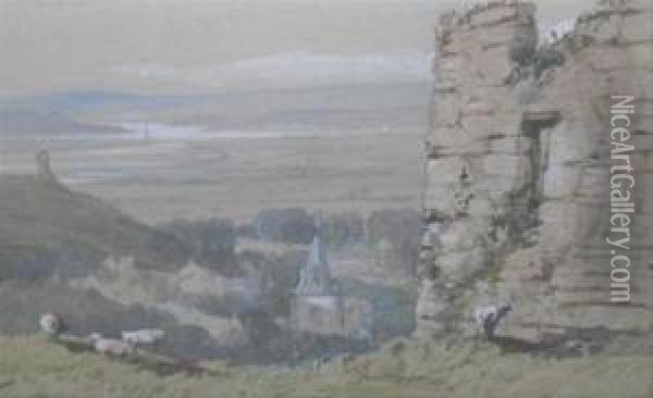 Sheep Before A Ruin And Estuary Oil Painting - Samuel Prout