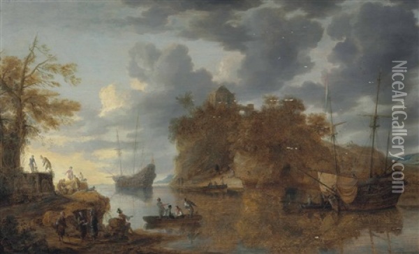 A Coastal Scene With Shipping In A Calm With Figures In A Rowing Boat And Conversing On A Shore Oil Painting - Bonaventura Peeters the Elder