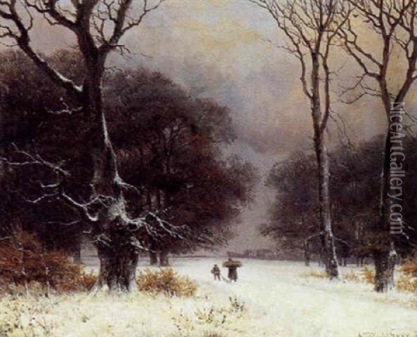 En Vinterdag I Skoven, En Kone Og En Dreng Sanker Braende Oil Painting - Nordahl (Peter Frederik N.) Grove