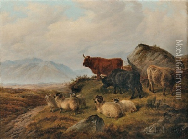 Highland Cattle And Sheep In A Landscape Oil Painting - Charles Jones