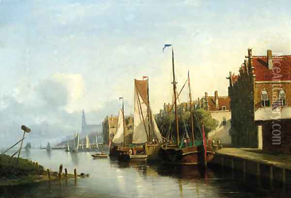 Sailingvessel along a quay, a church towering in the distance Oil Painting - Nicolaas Riegen