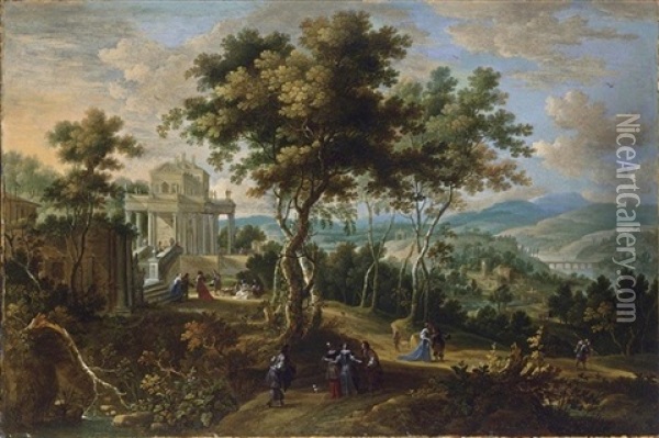 A Panoramic Classical Landscape With Elegant Figures Strolling And Resting Near A Palace, A View Of A River Beyond Oil Painting - Jan van den Hecke the Elder