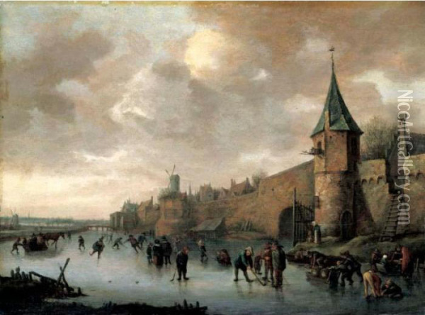 A Winter Landscape With Figures 
Skating, Playing Kolf And Conversing On A Frozen River Outside The Walls
 Of A Fortified Town. Oil Painting - Jan Steen