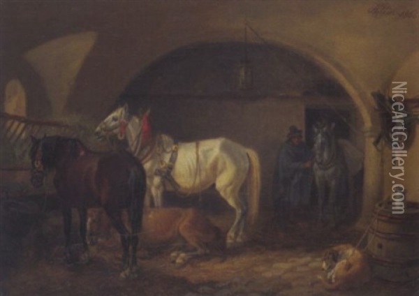 Im Pferdestall Oil Painting - Johann Adam Klein