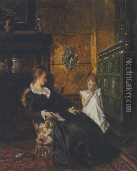 Mutter Mit Tochter Im Salon Oil Painting - Johann Hamza