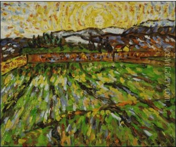 Wheat Field With Rising Sun Oil Painting - Vincent Van Gogh