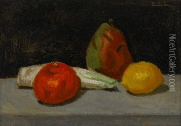 Pear, Orange, Lemon And Ear Of Corn On Grey Table Oil Painting - Robert M. Kulicke