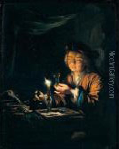 A Candlelit Interior, With A Young Man Seated At A Table, Holding A Roemer Oil Painting - Arnold Boonen