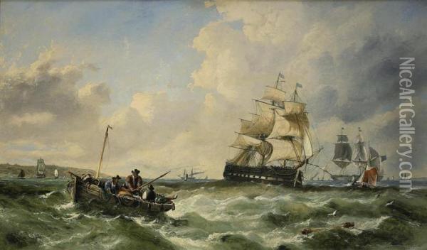 Warships And Fishing Boats In The Channel Off The South Coast Oil Painting - John Callow