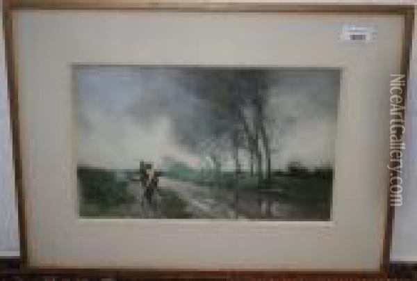 Figure Walking On A Track Inscribed On Reverse Oil Painting - William Tatton Winter