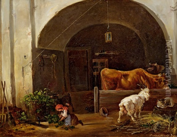 Im Stall Oil Painting - Edmund Mahlknecht