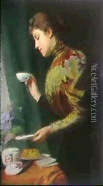 Junge Frau Beim Nachmittagstee Oil Painting - Hedwig Burkhardt