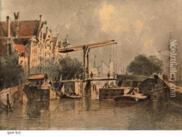 A Drawbridge In A Dutch Town Oil Painting - Antonie Waldorp