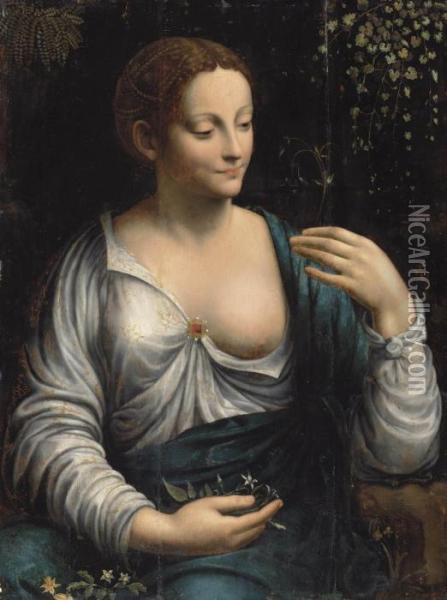 'la Columbine': Portrait Of A Woman As Flora Oil Painting - Leonardo Da Vinci