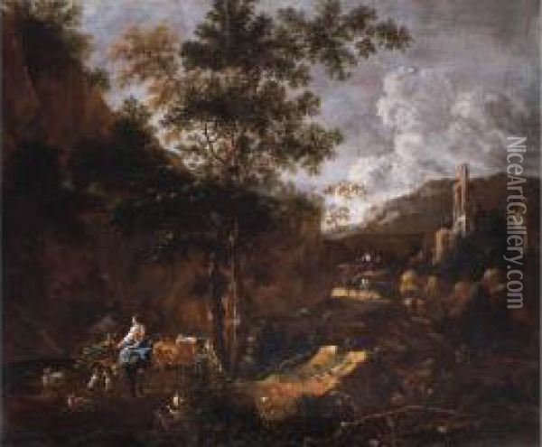 Felsige, Sudliche Landschaft Mit Ruine, Kuhhirten, Reisigsammlern Und Wanderern Oil Painting - Rembrandt Van Rijn
