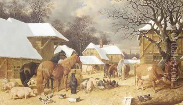 Winter in the Farmyard 1857 Oil Painting - John Frederick Herring Snr