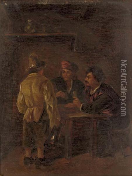Peasants Playing Cards In A 
Tavern; And Two Figures Reading And Smoking A Pipe In An Interior Oil Painting - Adriaen Jansz. Van Ostade