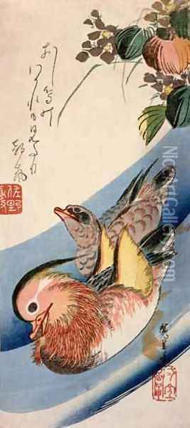 Two Mandarin Ducks Oil Painting - Utagawa or Ando Hiroshige