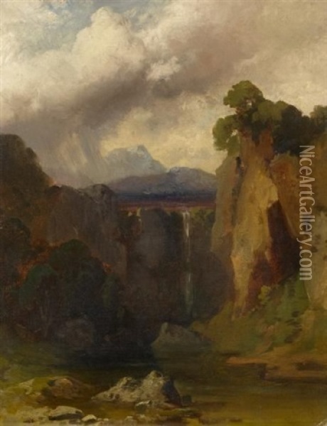 Landschaftsstudie Mit Wasserfall (study) Oil Painting - Johann Wilhelm Schirmer