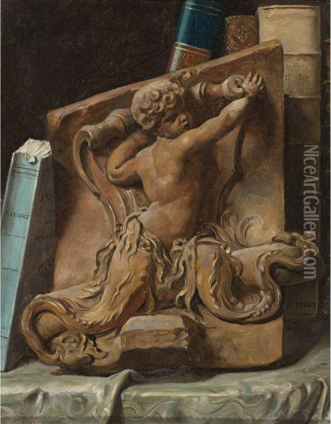 Trompe L'oeil Of A Bookshelf With A Terracotta Relief Oil Painting - Julien Leopold Boilly