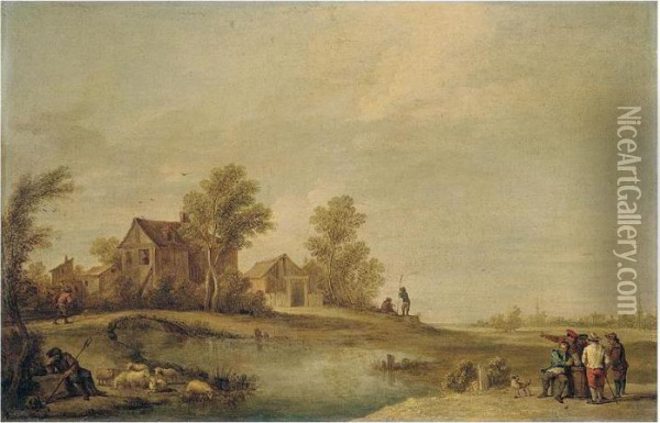 A Landscape With A Herdsman 
Resting With His Flock By A River, Peasants Drinking On The Opposite 
Bank, And A Peasant Crossing A Bridge Towards A Village Beyond Oil Painting - David The Younger Teniers