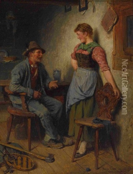 Holzknecht Und Madel In Der Stube Oil Painting - Hugo Wilhelm Kauffmann