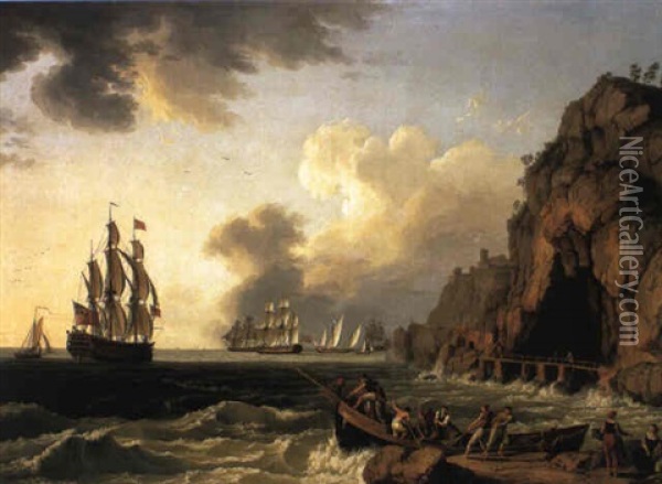 British Naval Ships Off Coast Of Naples Oil Painting - Jacob Philipp Hackert