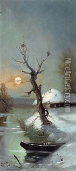 Winterlandschaft Mit Boot Oil Painting - Yuliy Yulevich (Julius) Klever