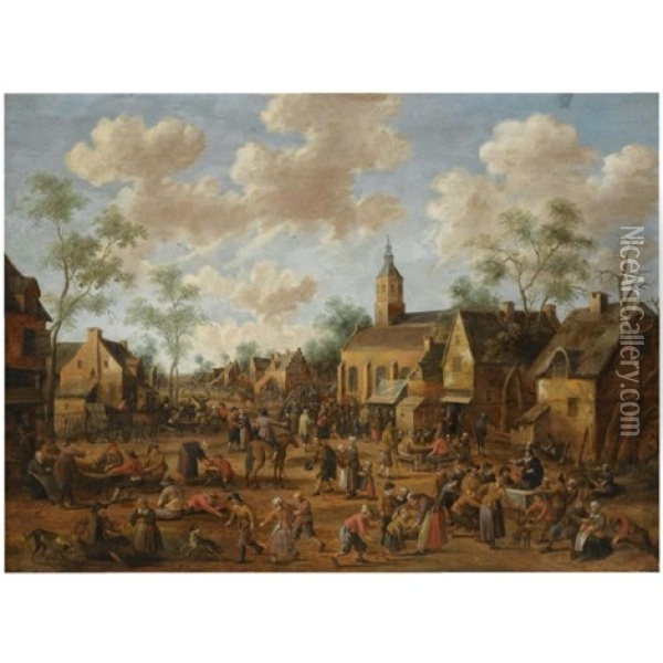 A Village Kermesse, With Numerous Figures Feasting And Conversing In The Street, Other Figures Gathered Around A Quack Doctor In The Foreground, A Church On The Right With A Crowd Oil Painting - Joost Cornelisz. Droochsloot