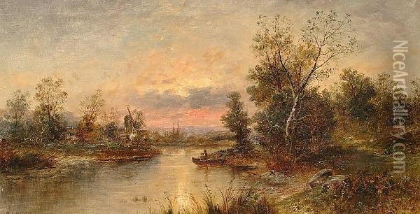River Landscape At Dusk Oil Painting - Bradford Lambert