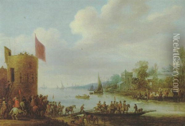 Fluslandschaft Mit Einer Fahre, Einem Turm Und Vielen Figuren Oil Painting - Pieter Meulener