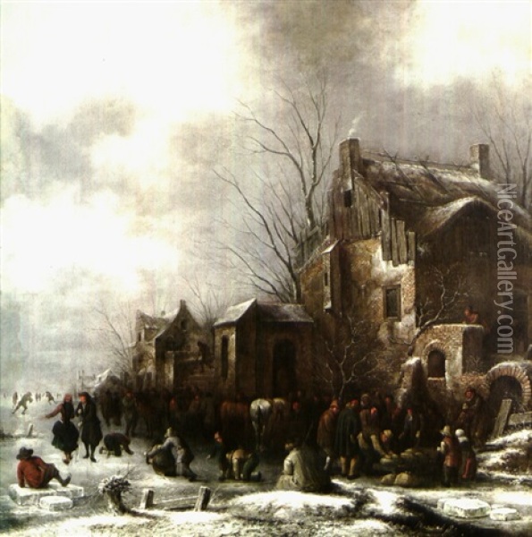 Patineurs A L'entree D'un Village Oil Painting - Nicolaes Molenaer
