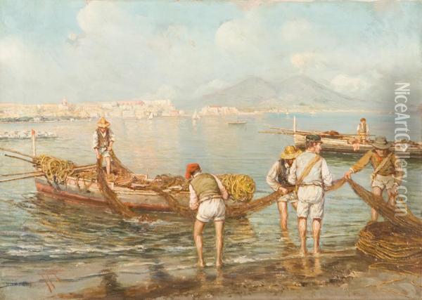 Pescatori Nel Golfo Di Napoli Oil Painting - Giuseppe Giardiello
